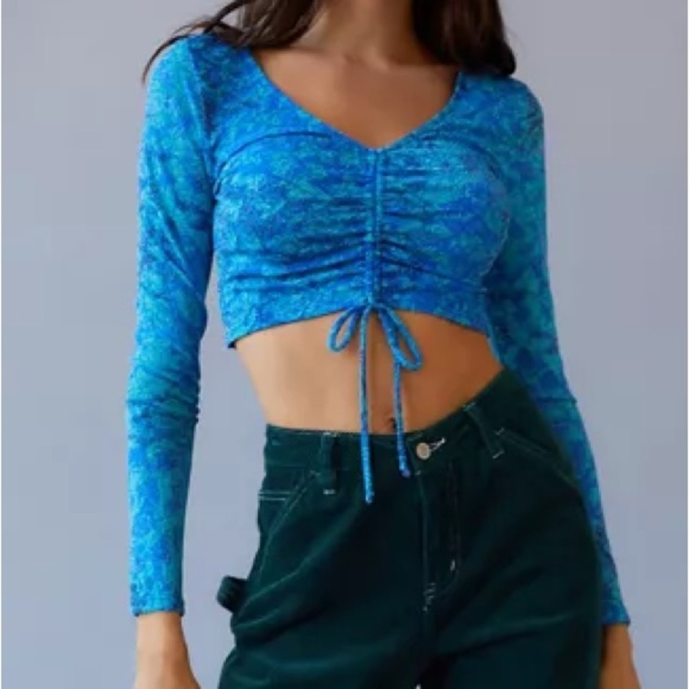 Urban Renewal Women L Blue Y2K Remnants Ruched Glitter Pattern Crop Top
